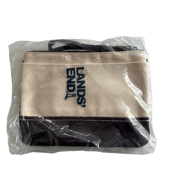 Lands’ End Medium Navy & Natural Zipper Canvas Pouch Wristlet NEW - Picture 5 of 6